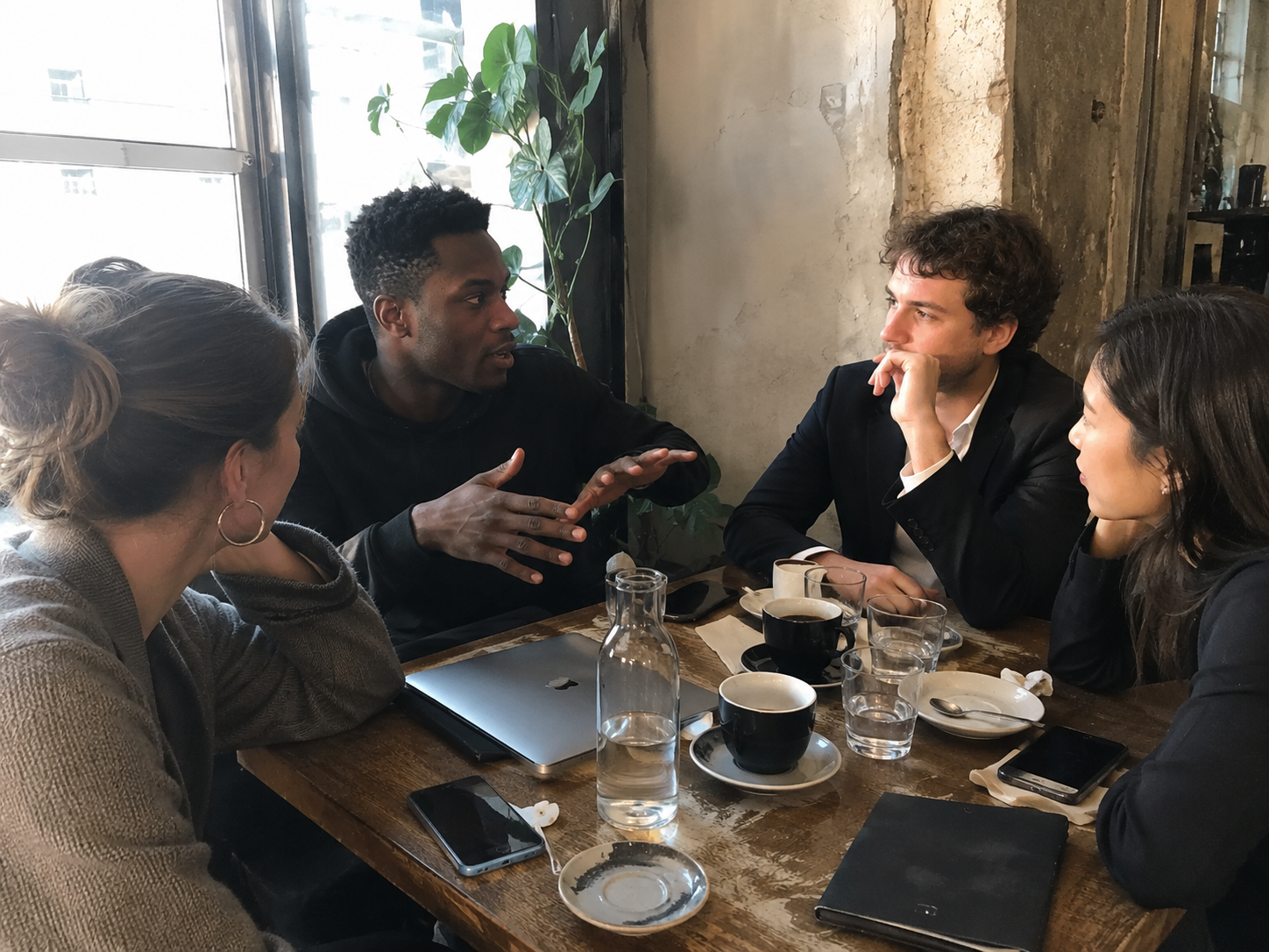 Casual meeting of tech and business professionals